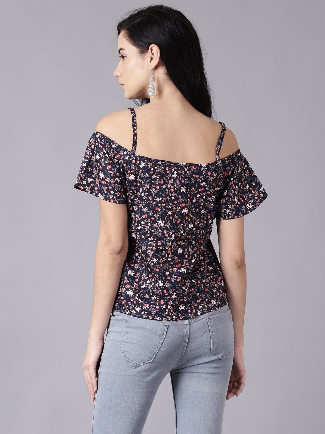 Women's Daima Navy Blue Casual Printed Shoulder Straps Top