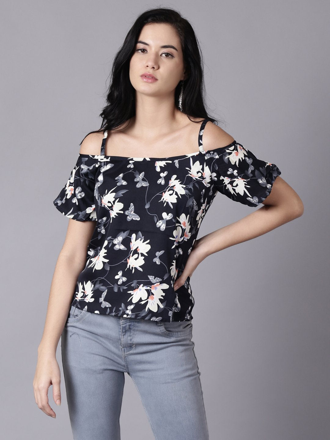 Women's Daima Navy Blue Casual Printed Shoulder Straps Top