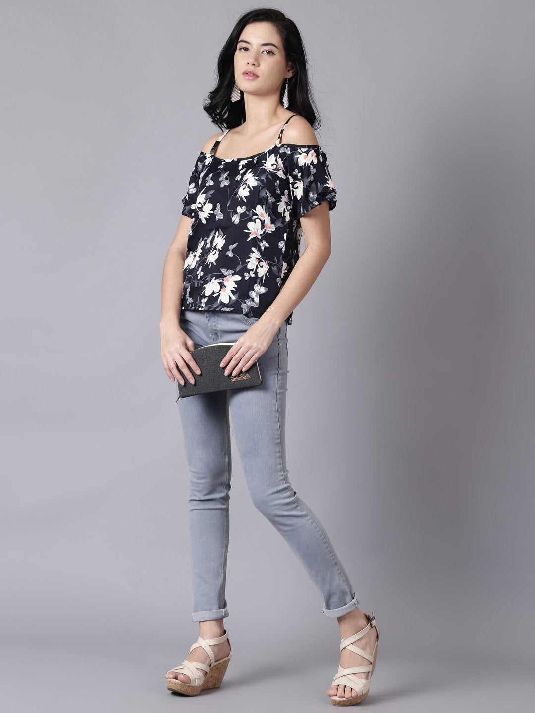 Women's Daima Navy Blue Casual Printed Shoulder Straps Top
