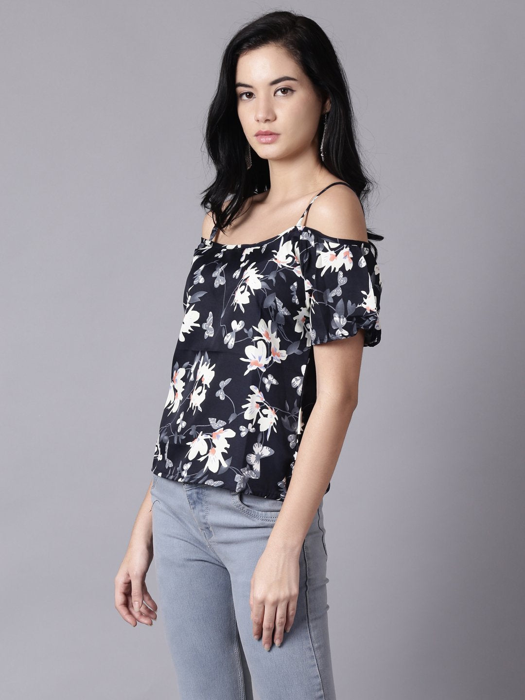 Women's Daima Navy Blue Casual Printed Shoulder Straps Top