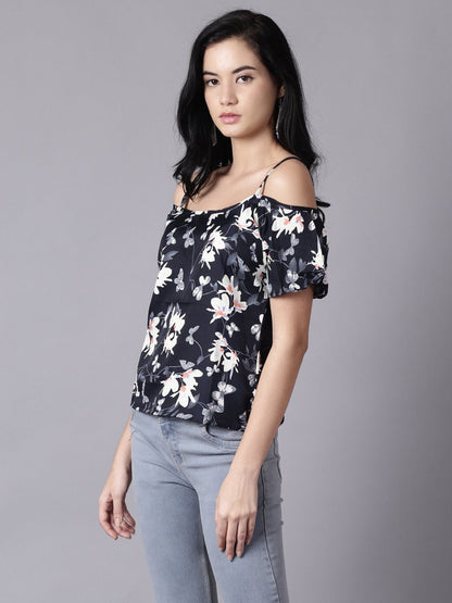 Women's Daima Navy Blue Casual Printed Shoulder Straps Top