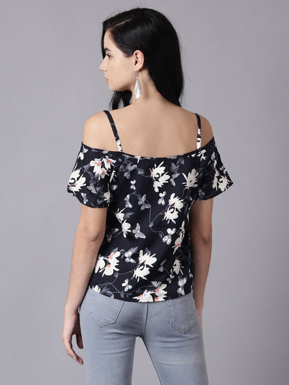 Women's Daima Navy Blue Casual Printed Shoulder Straps Top