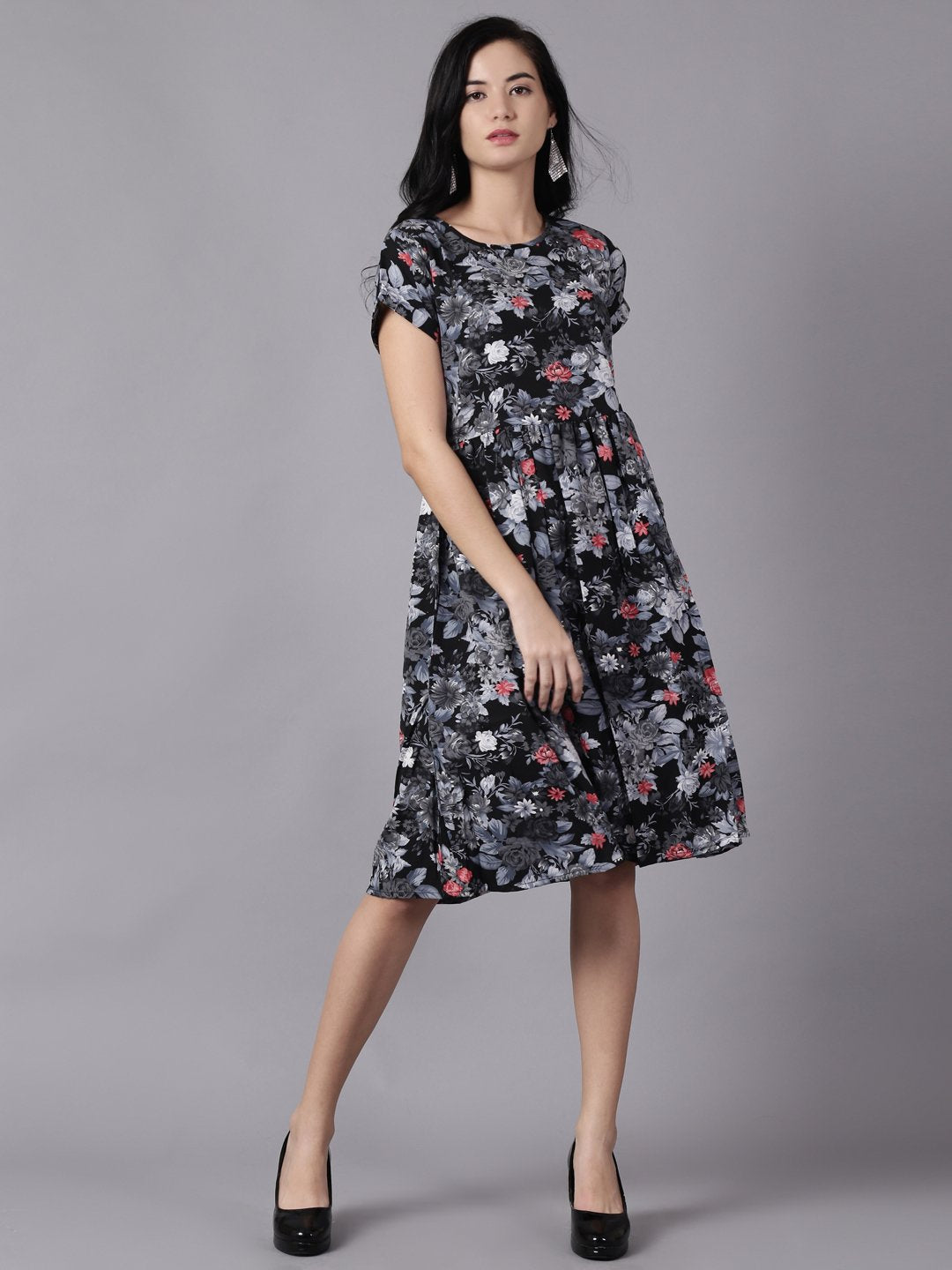 Women's Daima Black Floral Printed Round Neck A-Line Dress