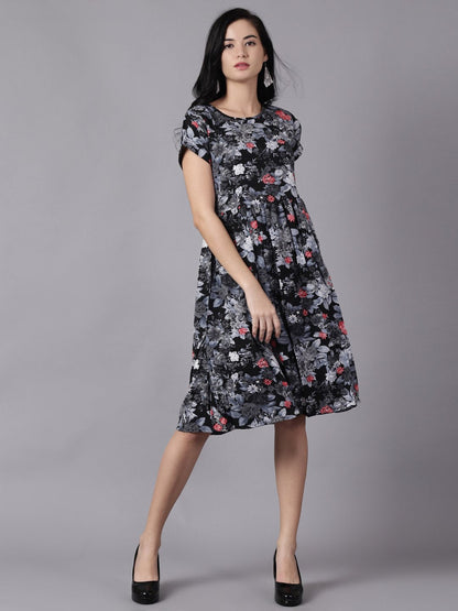 Women's Daima Black Floral Printed Round Neck A-Line Dress