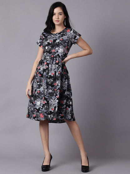 Women's Daima Black Floral Printed Round Neck A-Line Dress