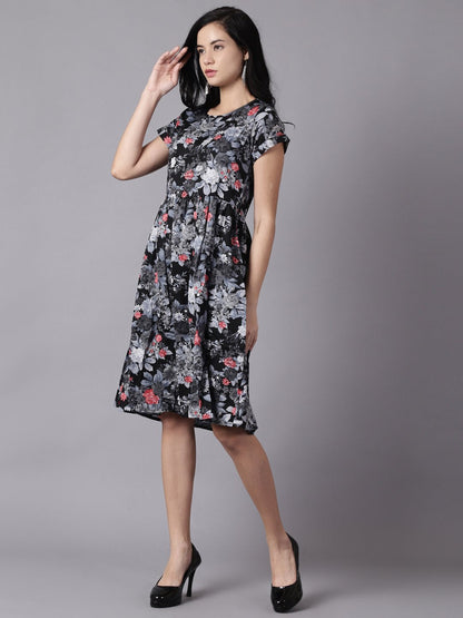 Women's Daima Black Floral Printed Round Neck A-Line Dress