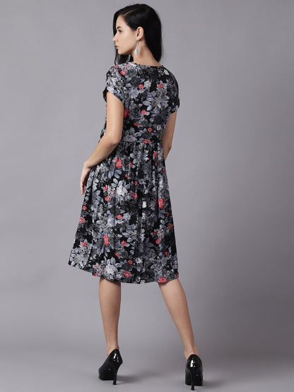 Women's Daima Black Floral Printed Round Neck A-Line Dress