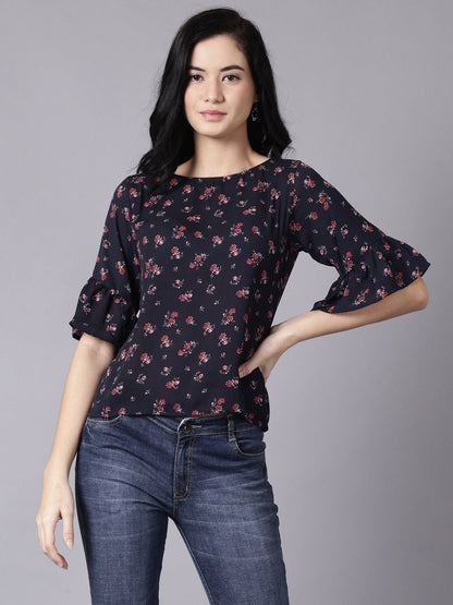 Women's Daima Navy Blue Casual Printed Round Neck Top
