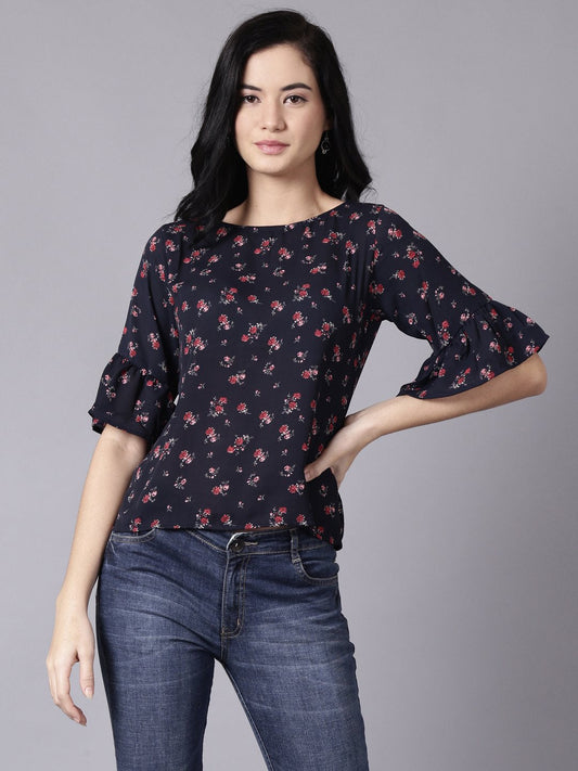 Women's Daima Navy Blue Casual Printed Round Neck Top