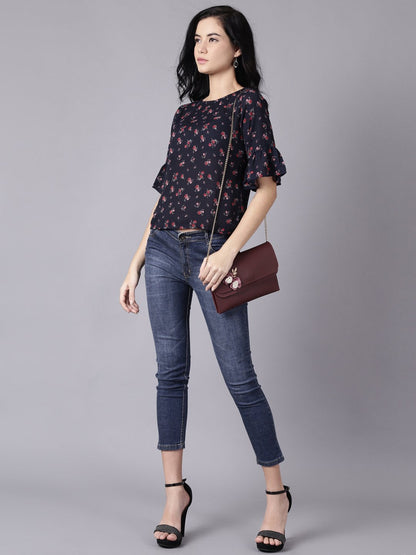 Women's Daima Navy Blue Casual Printed Round Neck Top
