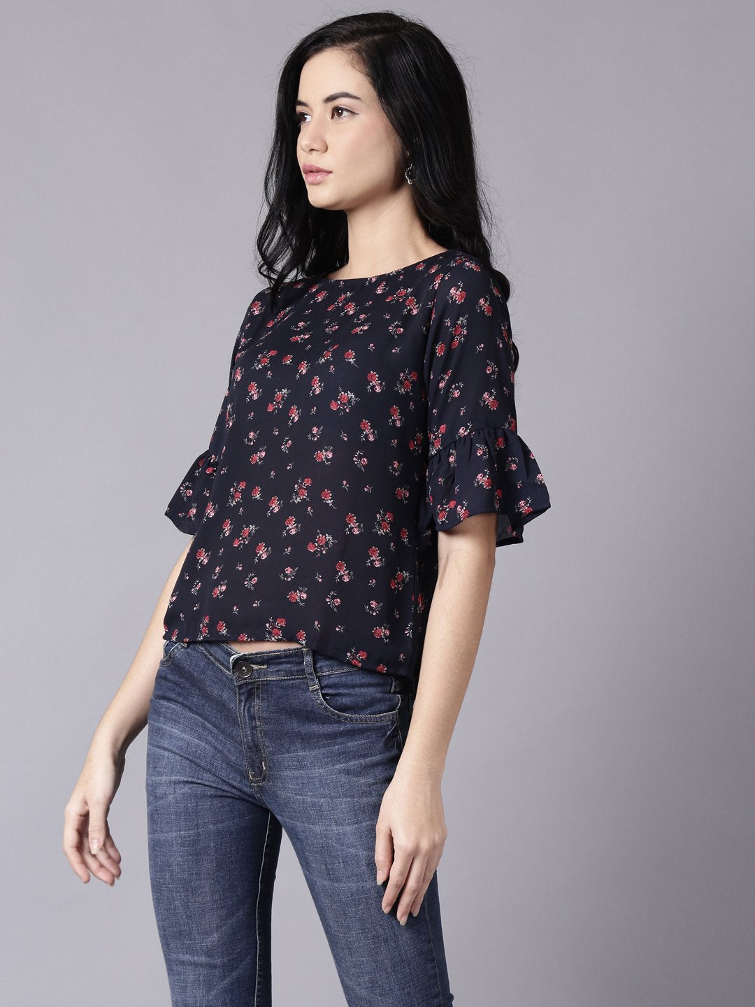 Women's Daima Navy Blue Casual Printed Round Neck Top