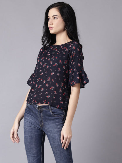 Women's Daima Navy Blue Casual Printed Round Neck Top