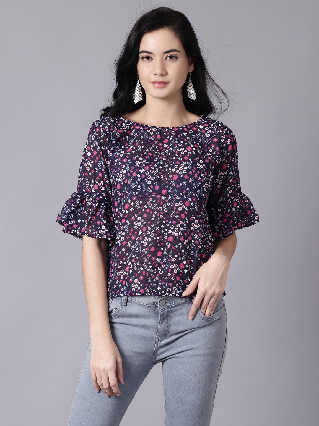 Women's Daima Navy Blue Casual Printed Round Neck Top