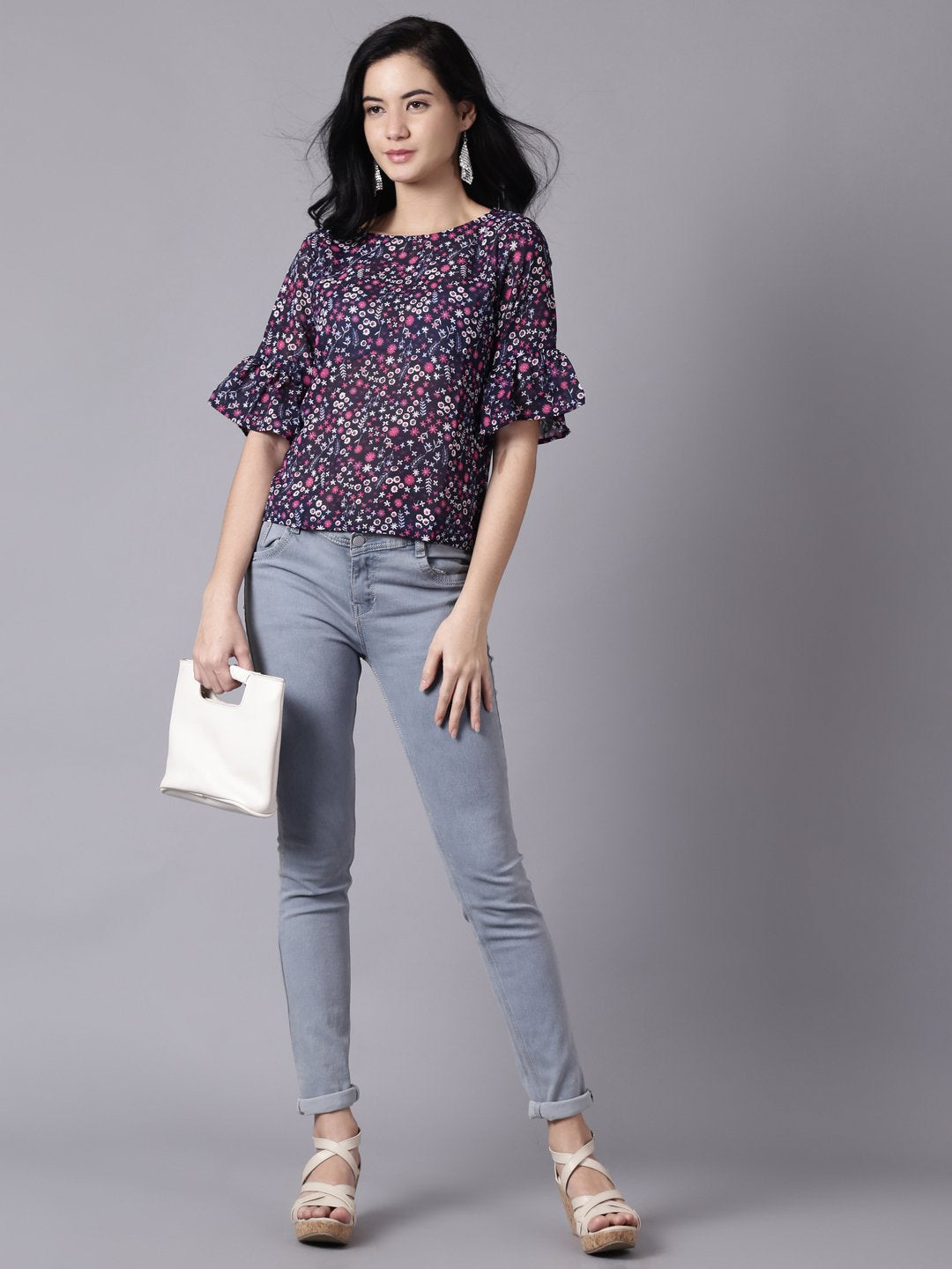 Women's Daima Navy Blue Casual Printed Round Neck Top