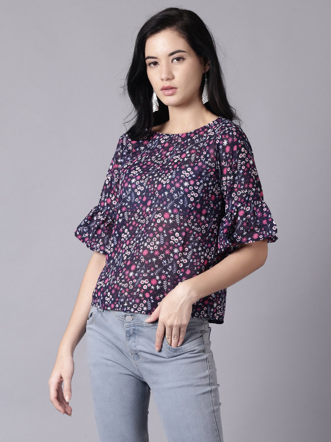 Women's Daima Navy Blue Casual Printed Round Neck Top