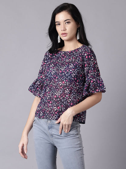 Women's Daima Navy Blue Casual Printed Round Neck Top