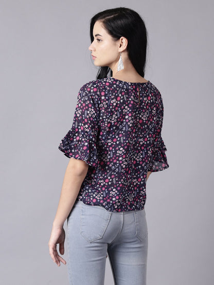 Women's Daima Navy Blue Casual Printed Round Neck Top