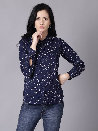 Women's Daima Navy Blue Regular Printed Mandarin Collar Crepe Shirt