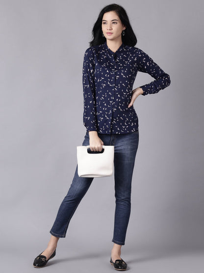 Women's Daima Navy Blue Regular Printed Mandarin Collar Crepe Shirt