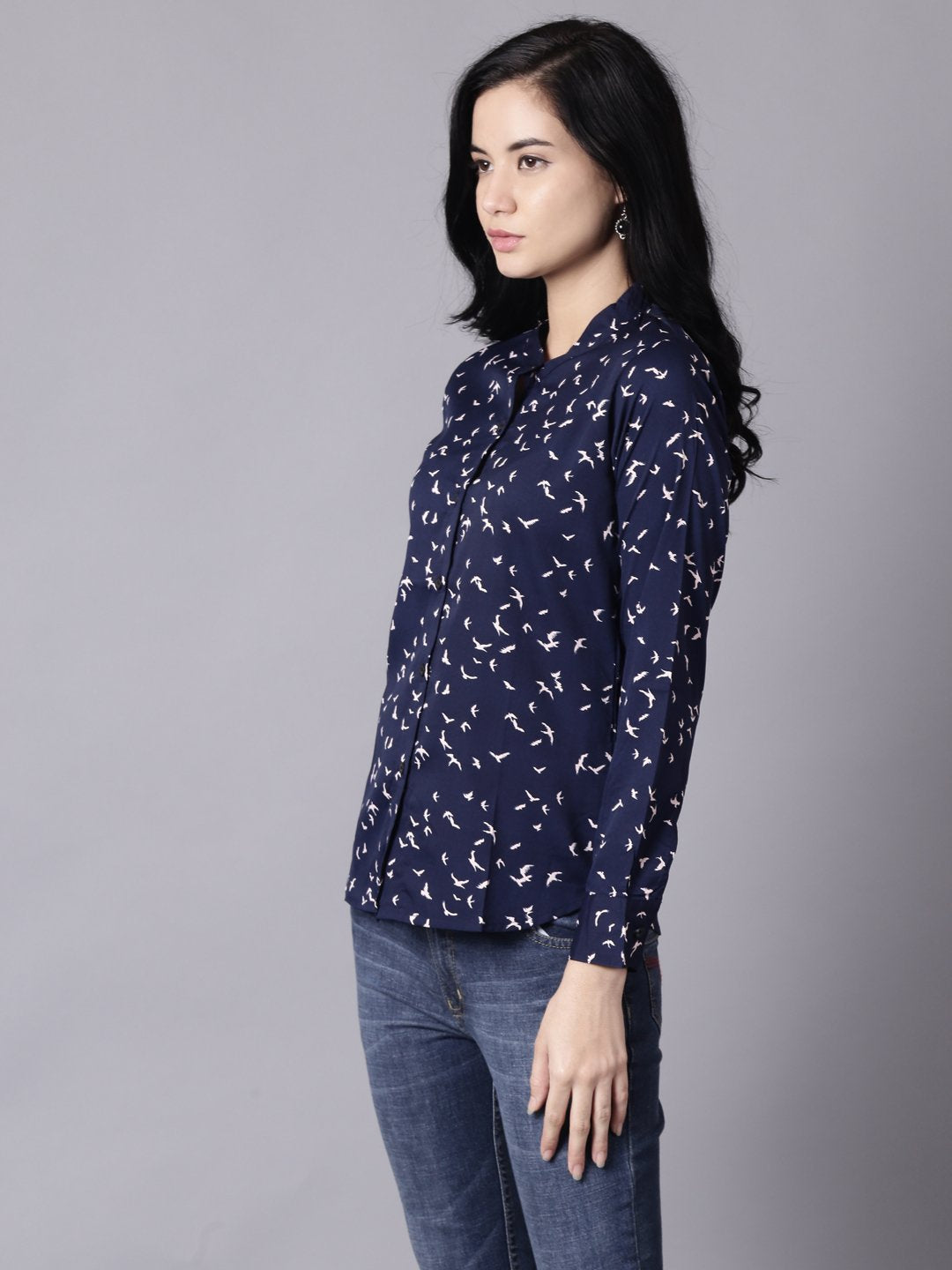 Women's Daima Navy Blue Regular Printed Mandarin Collar Crepe Shirt