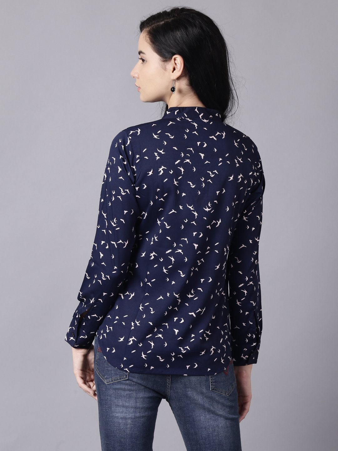 Women's Daima Navy Blue Regular Printed Mandarin Collar Crepe Shirt
