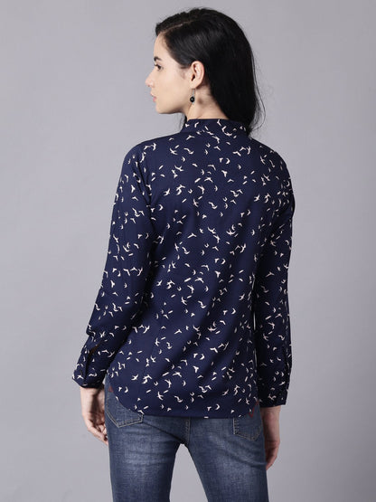 Women's Daima Navy Blue Regular Printed Mandarin Collar Crepe Shirt