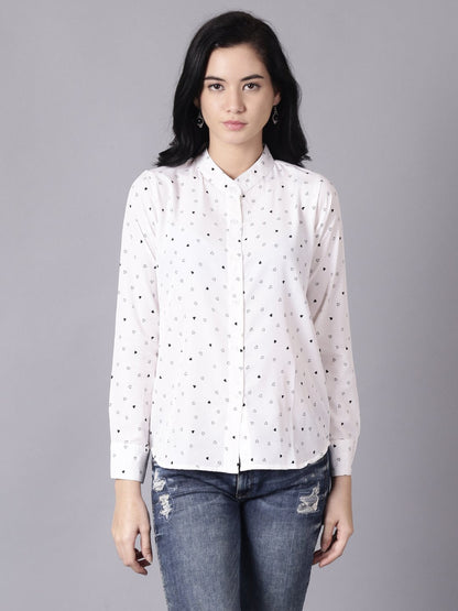 Women's Daima White Regular Printed Mandarin Collar Crepe Shirt