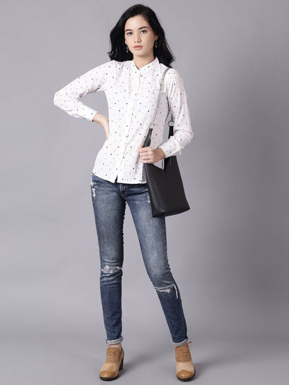 Women's Daima White Regular Printed Mandarin Collar Crepe Shirt