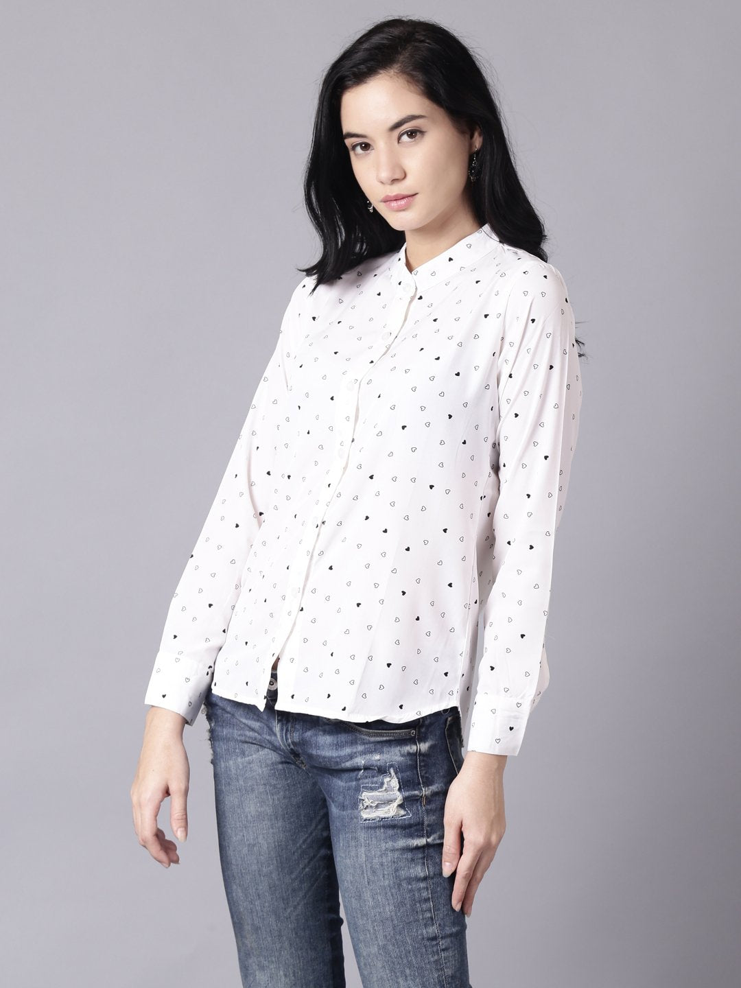 Women's Daima White Regular Printed Mandarin Collar Crepe Shirt
