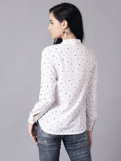 Women's Daima White Regular Printed Mandarin Collar Crepe Shirt