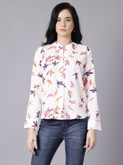 Women's Daima White Regular Printed Mandarin Collar Crepe Shirt