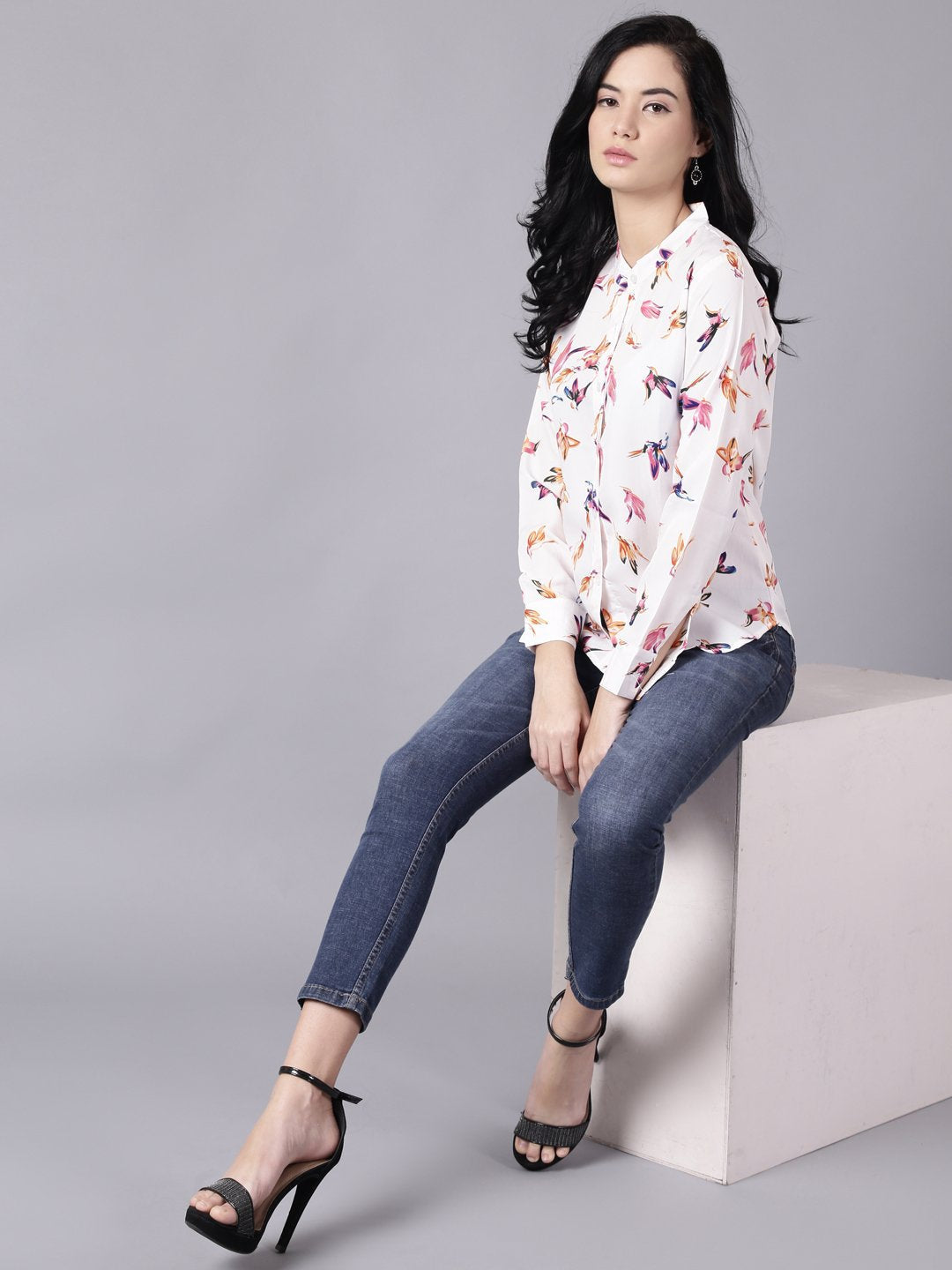 Women's Daima White Regular Printed Mandarin Collar Crepe Shirt