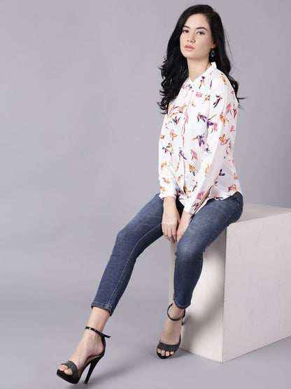 Women's Daima White Regular Printed Mandarin Collar Crepe Shirt