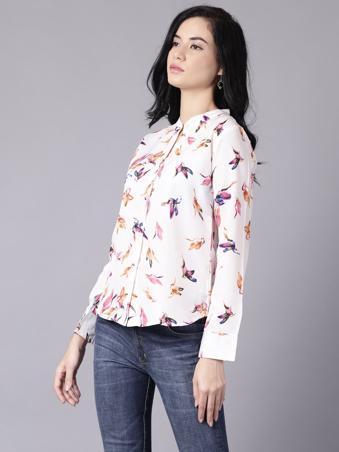 Women's Daima White Regular Printed Mandarin Collar Crepe Shirt