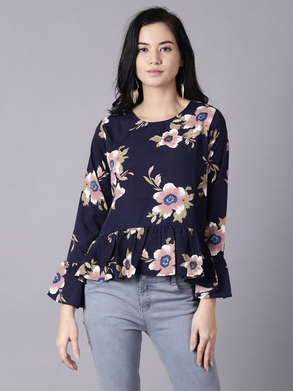 Women's Daima Navy Blue Casual Printed Round Neck Top