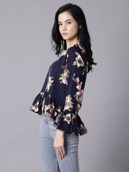 Women's Daima Navy Blue Casual Printed Round Neck Top