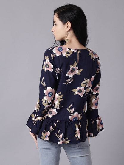 Women's Daima Navy Blue Casual Printed Round Neck Top