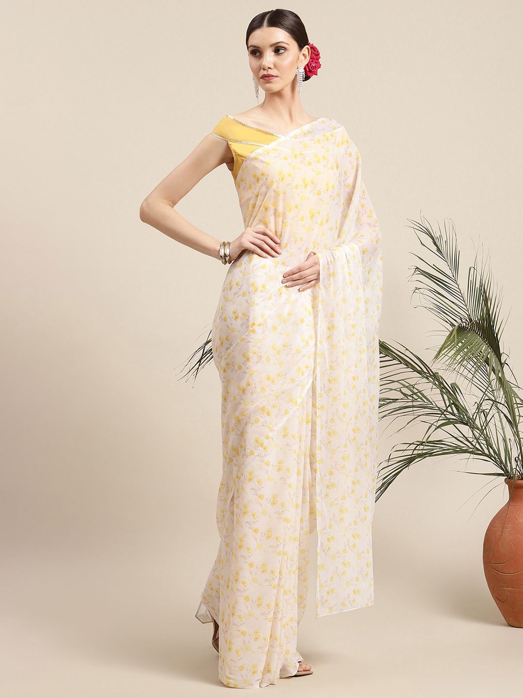 Women's Yellow Chiffon Digital Print Floral Saree