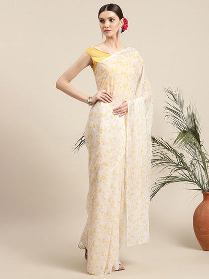 Women's Yellow Chiffon Digital Print Floral Saree