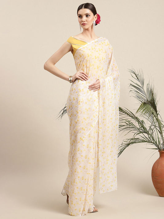 Women's Yellow Chiffon Digital Print Floral Saree