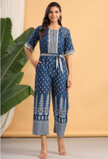 Women's Indigo Rayon Printed Ethnic Jumpsuit with Belt