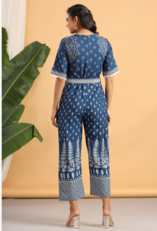 Women's Indigo Rayon Printed Ethnic Jumpsuit with Belt