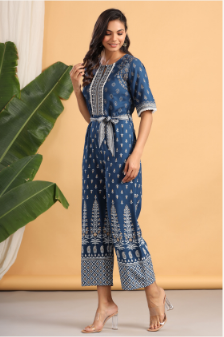 Women's Indigo Rayon Printed Ethnic Jumpsuit with Belt