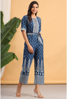 Women's Indigo Rayon Printed Ethnic Jumpsuit with Belt