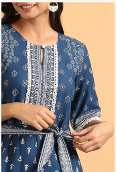 Women's Indigo Rayon Printed Ethnic Jumpsuit with Belt