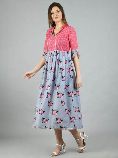 Women's Multi Polyester Printed 3/4 Sleeve Shirt Coller Casual Dress