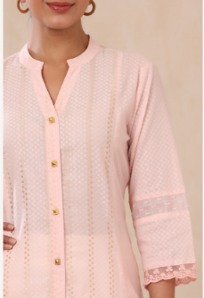 Women's Babypink Cotton Dobby Printed A-Line Kurta with Mask