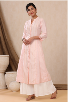 Women's Babypink Cotton Dobby Printed A-Line Kurta with Mask