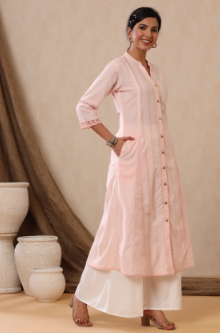 Women's Babypink Cotton Dobby Printed A-Line Kurta with Mask