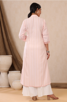 Women's Babypink Cotton Dobby Printed A-Line Kurta with Mask